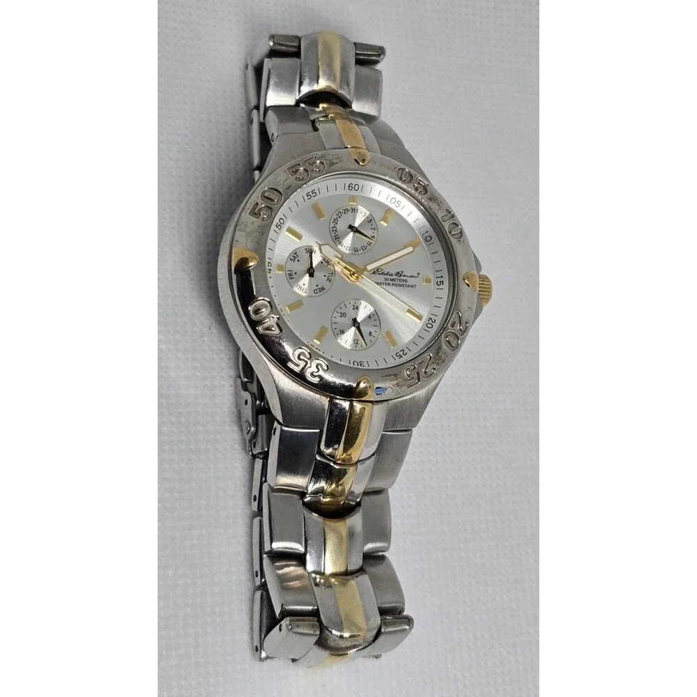 Men's Eddie Bauer Textured 3 Eye Silver Gold Two Tone Case Bracelet Watch 11